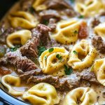 Slow Cooker Cheesesteak Tortellini in Creamy Provolone Sauce