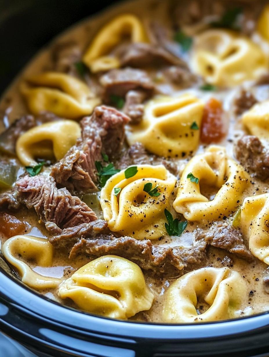 Slow Cooker Cheesesteak Tortellini in Creamy Provolone Sauce