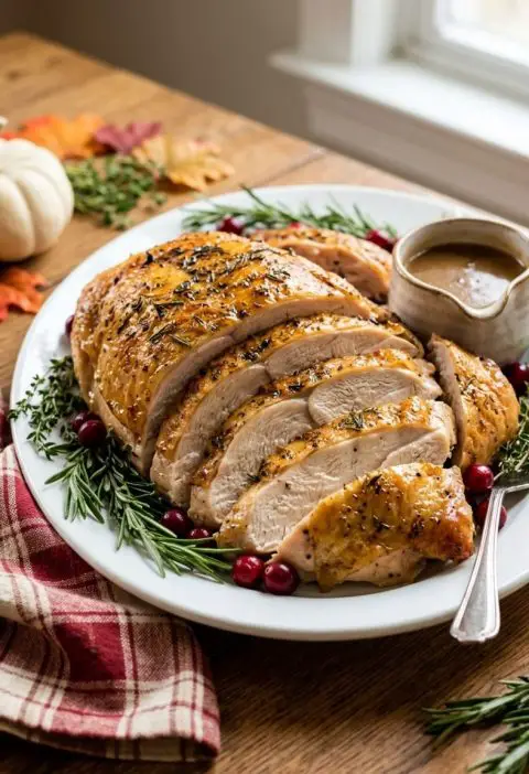 Slow cooker turkey breast sliced on a platter