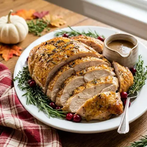 Slow cooker turkey breast sliced on a platter