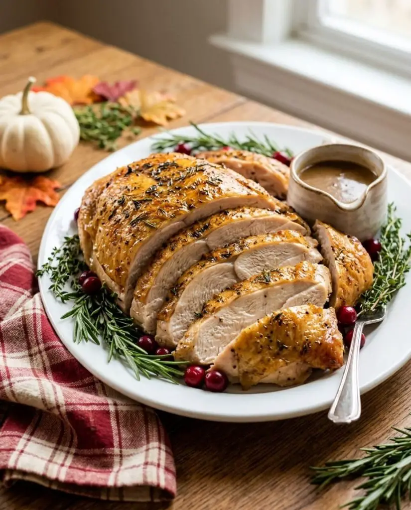 Slow cooker turkey breast sliced on a platter